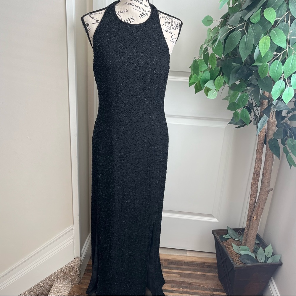 Bieff Basix Vintage Silk Beaded Racerback Side Slits Gown Black Sz M